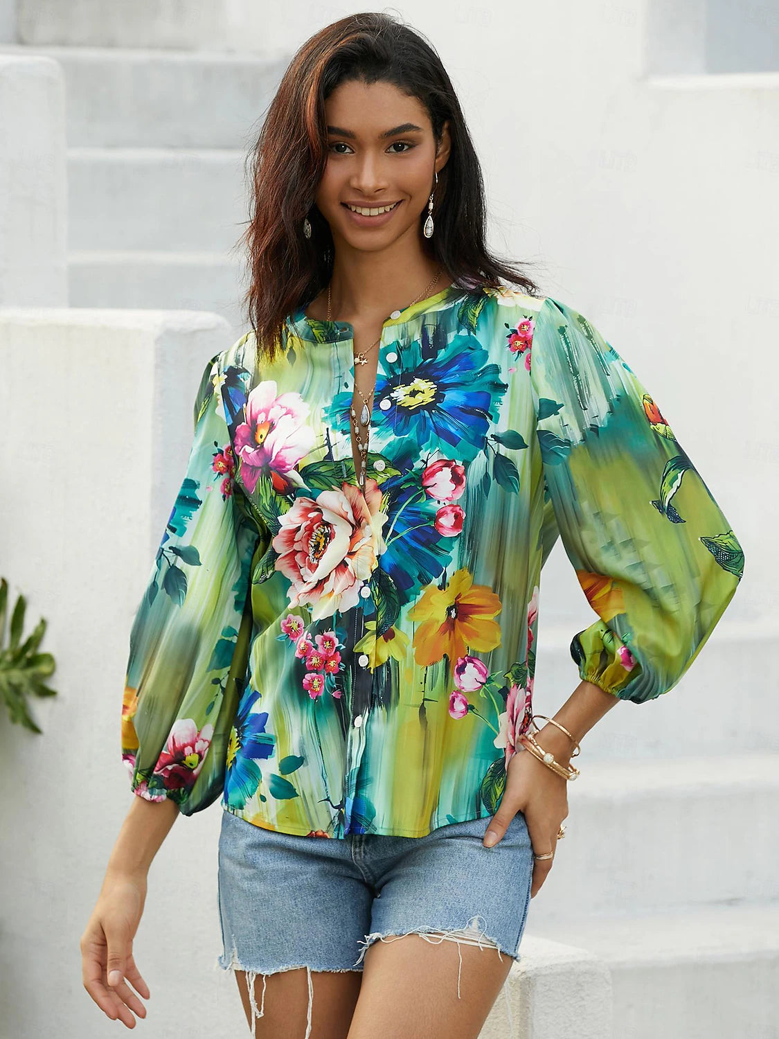 Women's Shirt Blouse Floral Casual Holiday Button Print Blue Long Sleeve Daily Basic V Neck Fall & Winter