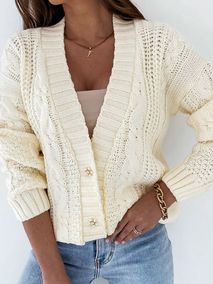 Women's Sweater Cardigan Sweater V Neck Cable Crochet Knit Cotton Acrylic Knitted Hole Drop Shoulder Fall Winter Cropped Casual Daily Wear Stylish Long Sleeve Solid Color White Yellow Purple One-Size