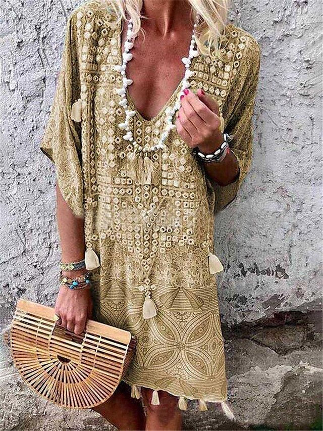 Women's Vintage Dress Casual Dress Tassel Fringe Print V Neck Mini Dress Bohemia Ethnic Vacation Half Sleeve Summer