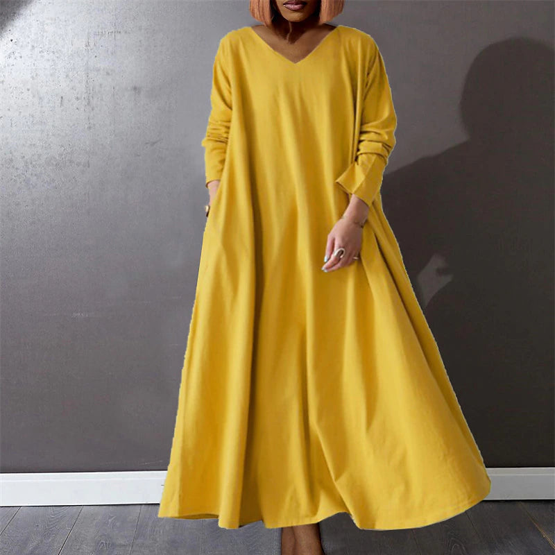 Women‘s Plus Size Curve Casual Dress Pure Color V Neck Long Sleeve Winter Fall Basic Casual Maxi long Dress Daily Vacation Dress