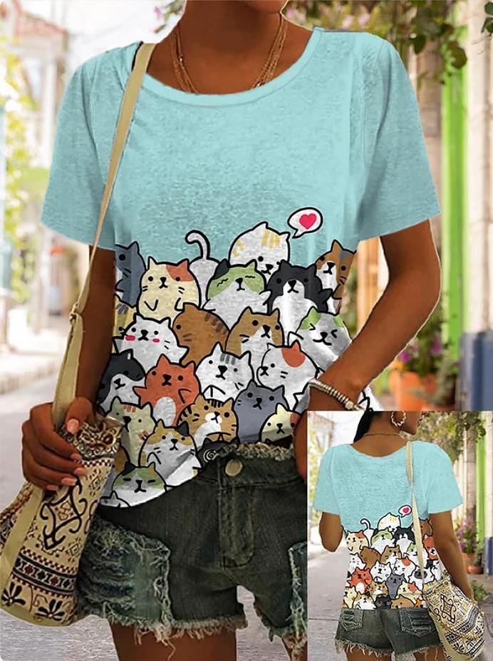 Women's T shirt Tee Cat 3D Daily Weekend Print Light Brown Short Sleeve Fashion Funny Round Neck Spring & Summer