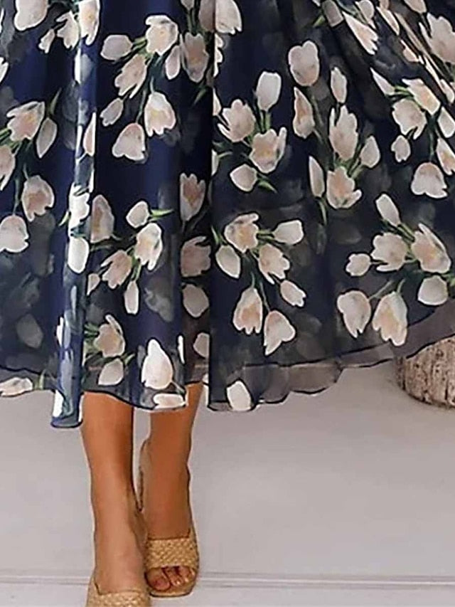 Women's Two Piece Dress Set Casual Dress Chiffon Dress Outdoor Daily Fashion Elegant Print Midi Dress V Neck Half Sleeve Floral Regular Fit Navy Blue Purple Green Summer Spring S M L XL XXL - LuckyFash™