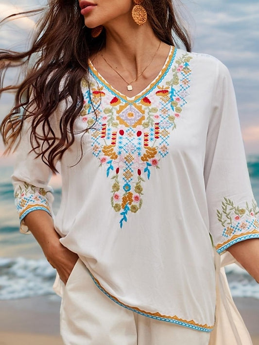 Women's Summer Tops Blouse Embroidered White Half Sleeve V Neck Summer Spring