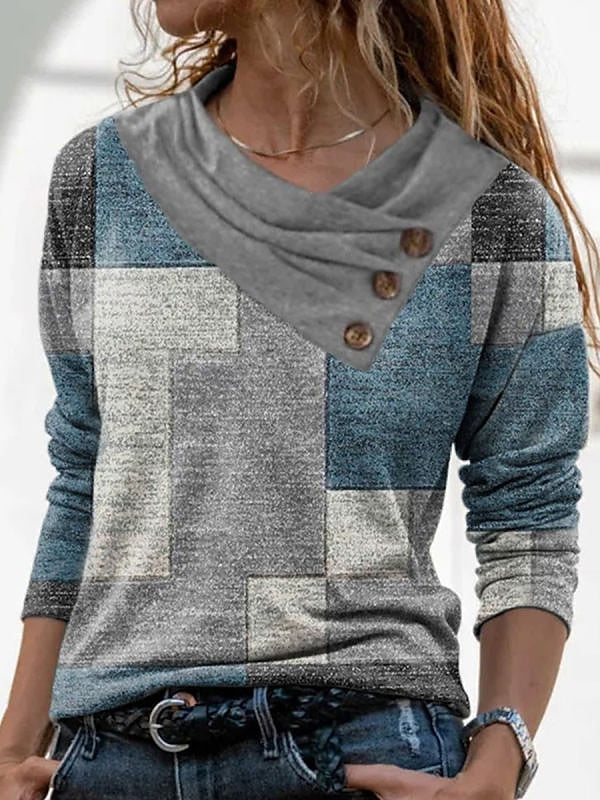 Women's T shirt Tee Geometric Abstract Casual Weekend Button Print Red Long Sleeve Daily Basic Pile Neck V Neck Fall & Winter