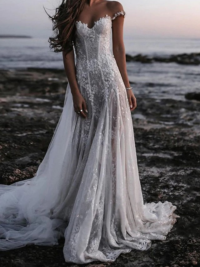 Beach Open Back Boho Wedding Dresses A-Line Off Shoulder Cap Sleeve Court Train Lace Bridal Gowns With Appliques Solid Color 2023 Summer Wedding Party, Women's Clothing - LuckyFash™