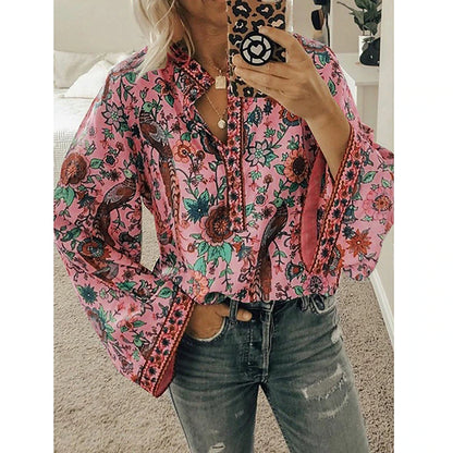 Women's Shirt Blouse Yellow Pink Dusty Rose Graphic Floral Button Print Long Sleeve Daily Holiday Vintage Boho Streetwear Round Neck Regular Boho S