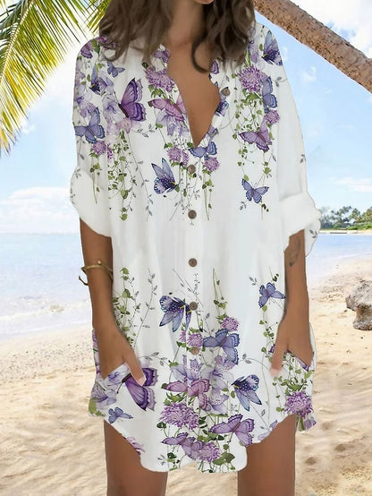 Women's Shirt Dress Casual Dress Shift Dress Mini Dress Outdoor Daily Vacation Linen Fashion Casual Stand Collar Button Pocket Long Sleeve Summer Spring Fall 2023 Regular Fit White Blue Purple Floral