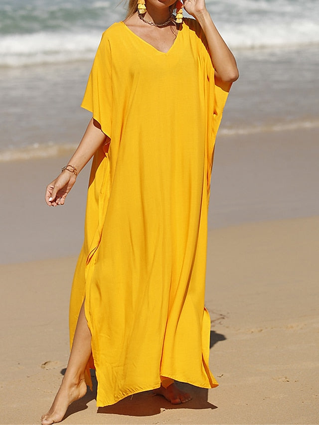 Women's White Dress Casual Dress Summer Dress Long Dress Maxi Dress Split Date Vacation Beach Maxi Basic V Neck Half Sleeve Black White Yellow Color