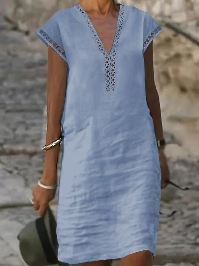 Women's Cotton Linen Dress Casual Dress Shift Dress Midi Dress Cotton Fashion Modern Outdoor Daily Vacation V Neck Cut Out Short Sleeve Summer Spring 2023 Regular Fit White Blue Green Plain S M L XL - LuckyFash™
