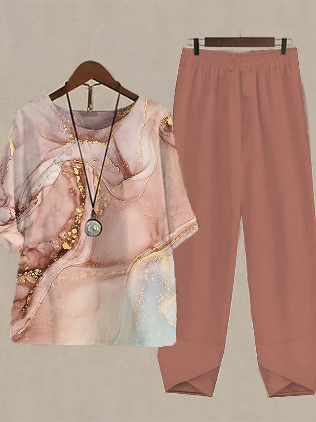 Women's Shirt Pants Sets Graphic Holiday Weekend Print Pink Daily Basic Round Neck Fall & Winter