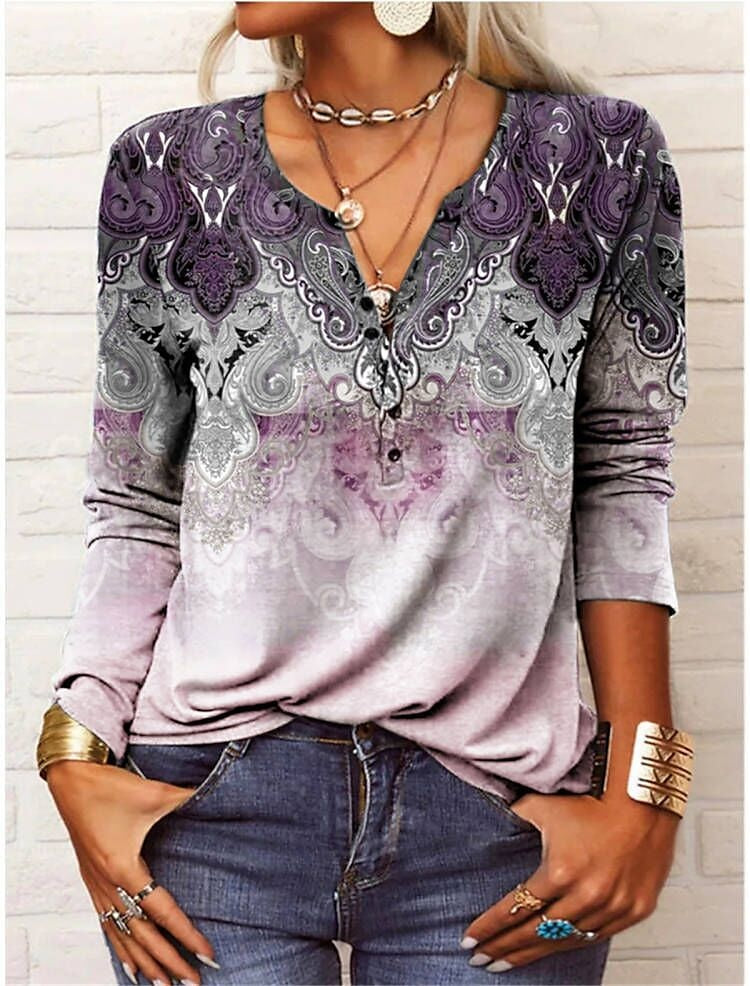 Women's T shirt Tee Floral Holiday Weekend Button Print Black Long Sleeve Daily Basic V Neck Fall & Winter