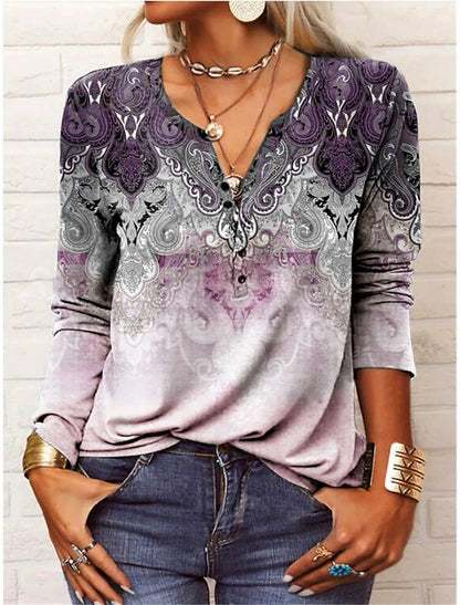 Women's T shirt Tee Floral Holiday Weekend Button Print Black Long Sleeve Daily Basic V Neck Fall & Winter