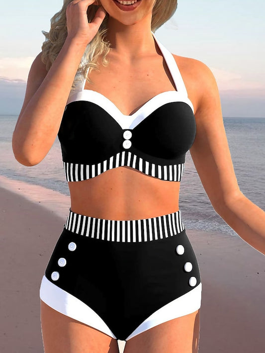 Women's Swimwear Bikini Normal Swimsuit 2 Piece Printing Striped Black Bathing Suits Sports Beach Wear Summer - LuckyFash™