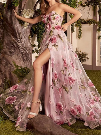 A-Line Prom Dresses Floral Dress Wedding Guest Court Train Sleeveless Strapless Organza with Slit Appliques 2023 - LuckyFash™