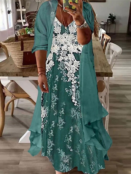 Women‘s Plus Size Curve Casual Dress Dress Set Two Piece Dress Floral Long Dress Maxi Dress 3/4 Length Sleeve Print V Neck Fashion Daily Pink Blue Spring Summer L XL XXL 3XL