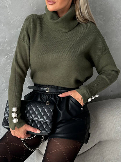 Women's Pullover Sweater Jumper Turtleneck Ribbed Knit Polyester Button Knitted Fall Winter Regular Outdoor Daily Going out Stylish Casual Soft Long Sleeve Solid Color Black White Army Green S M L