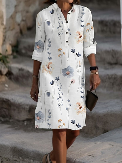 Women's Shirt Dress Casual Dress Cotton Linen Dress Midi Dress Button Pocket Daily Vacation Shirt Collar Long Sleeve Summer Spring Fall White Yellow Floral Feather