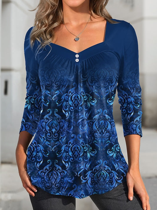 Women's Shirt Blouse Graphic Casual Button Print Blue Long Sleeve Fashion Square Neck Spring &  Fall