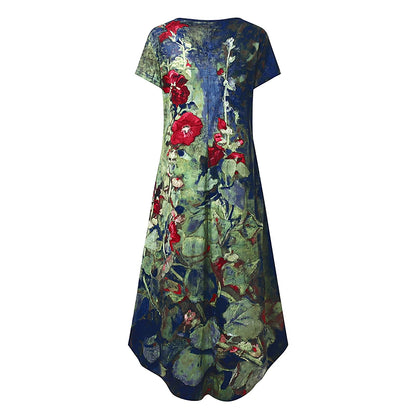 Women‘s Shift Dress Maxi long Dress Green Blue Gray Dark Blue Short Sleeve Floral Pocket Print Spring Summer Crew Neck Casual 2023 S M L XL XXL XXXL