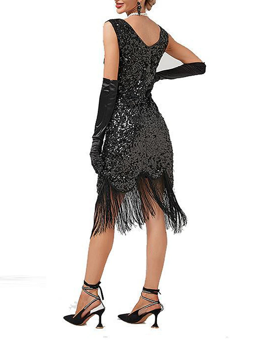 Women's Sequins Tassel Fringe Sequin Dress Midi Dress Elegant Floral V Neck Sleeveless Party Halloween Spring Fall Black Pink