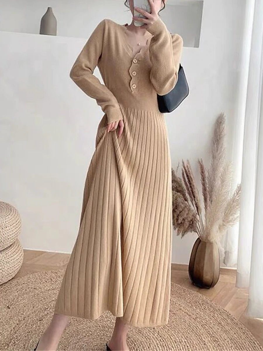 Women's Sweater Dress Knit Dress Jumper Dress Long Dress Maxi Dress Knitwear Fashion Daily Plain Outdoor Casual Holiday Vacation V Neck Long Sleeve Ruched Button 2023 Loose Fit Black White khaki One