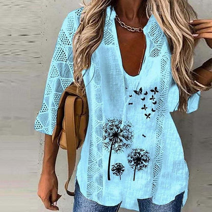 Women's Shirt Blouse Floral Butterfly Daily Vacation Lace up Lace Print Black 3/4 Length Sleeve Casual V Neck Spring & Summer