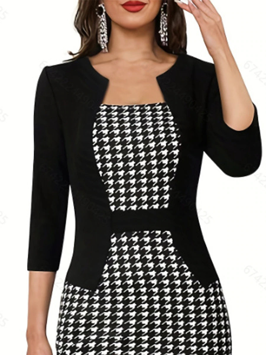 Women's Work Dress Semi Formal Dress Tunic Dress Fashion Winter Dress Office Midi Dress Print Square Neck 3/4 Length Sleeve Houndstooth Slim Black Spring Fall S M L XL