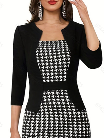 Women's Work Dress Semi Formal Dress Tunic Dress Fashion Winter Dress Office Midi Dress Print Square Neck 3/4 Length Sleeve Houndstooth Slim Black Spring Fall S M L XL