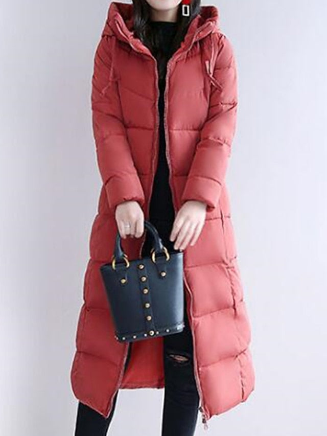 Women's Puffer Jacket Hoodie Jacket Street Daily Valentine's Day Winter Fall Long Coat Regular Fit Warm Breathable Casual Jacket Long Sleeve Solid Color Full Zip Black Dusty Rose Khaki / Going out - LuckyFash™