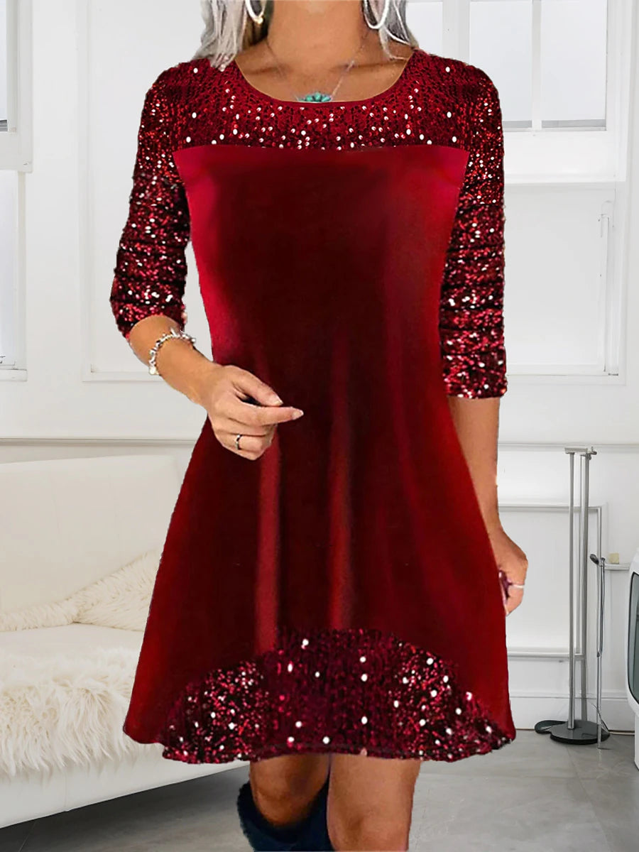 Women's Velvet Dress Sequin Dress Party Dress Velvet Sequins Patchwork Crew Neck Long Sleeve Mini Dress Christmas Wine Spring Winter