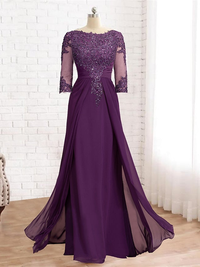 Sheath / Column Mother of the Bride Dress Formal Wedding Guest Elegant Sparkle & Shine Jewel Neck Asymmetrical Floor Length Chiffon Lace 3/4 Length Sleeve with Sequin Appliques 2023 - LuckyFash™