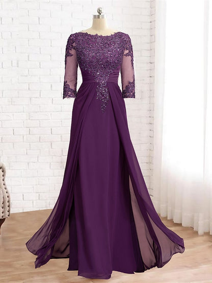 Sheath / Column Mother of the Bride Dress Formal Wedding Guest Elegant Sparkle & Shine Jewel Neck Asymmetrical Floor Length Chiffon Lace 3/4 Length Sleeve with Sequin Appliques 2023 - LuckyFash™