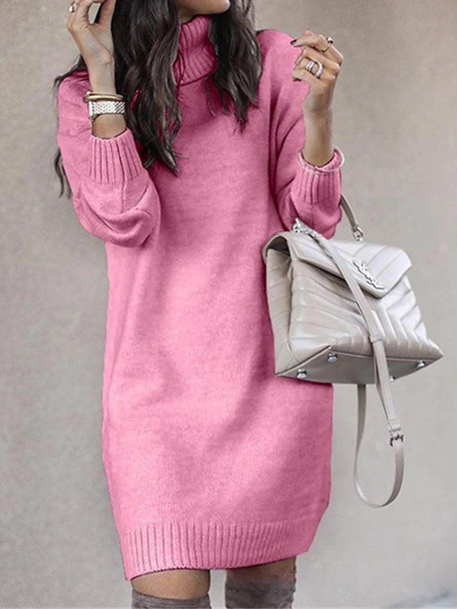 Women's Sweater Dress Turtleneck Ribbed Knit Acrylic Knitted Fall Winter Long Outdoor Daily Going out Stylish Casual Soft Long Sleeve Solid Color White Yellow Pink S M L