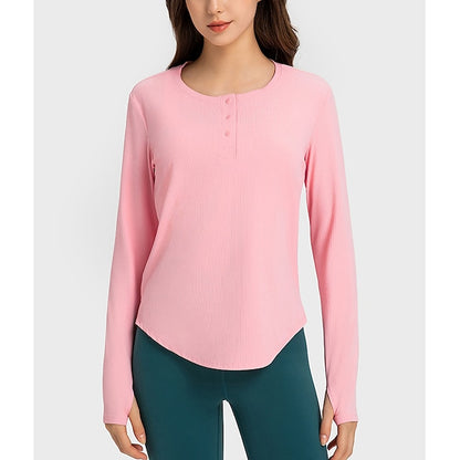 Women's Running T-Shirt Henley Shirt Solid Color Yoga Fitness Button Ribbed Black White Pink Crew Neck Long Sleeve High Elasticity Spring &  Fall