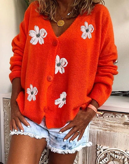 Women's Sweater Cardigan Sweater V Neck Knit Acrylic Embroidered Knitted Spring Fall Winter Daily Holiday Stylish Chic & Modern Casual Long Sleeve Floral Maillard Red Green Gray S M L