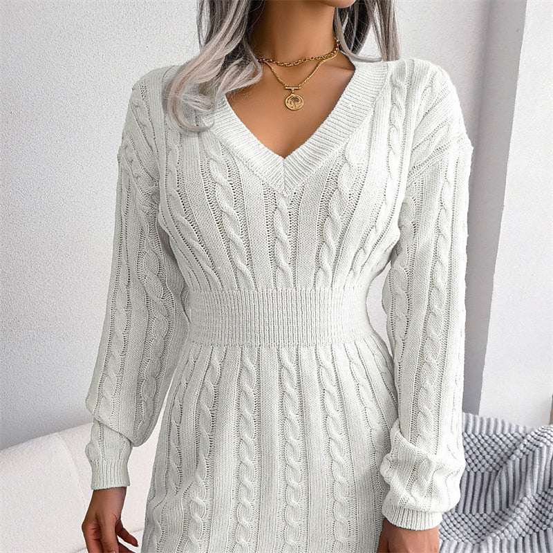 Women's Sweater Dress Jumper Dress Winter Dress Mini Dress Knitwear Fashion Classic Pure Color Winter Dress Holiday Date Fall Dress V Neck Long Sleeve Knit 2023 Loose Fit White Blue khaki S M L