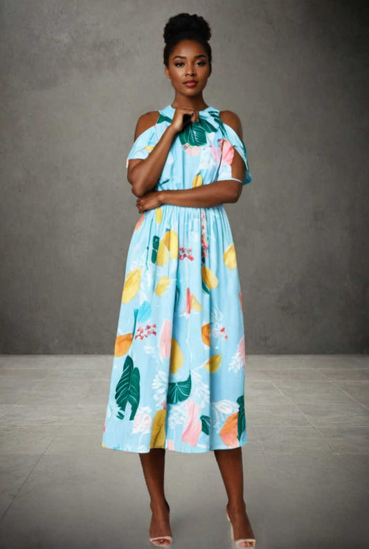 neck high waist floral strap dress 145383