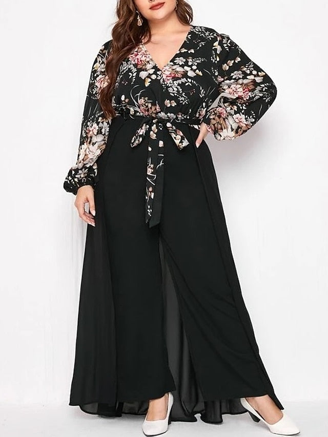 Women's Plus Size Jumpsuit Floral Fashion Modern Vacation Going out Natural Full Length Winter Fall Black L XL XXL 3XL 4XL - LuckyFash™