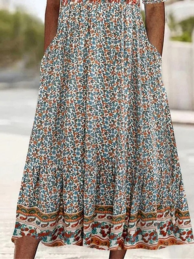 Women's Casual Dress Summer Dress Boho Dress Floral Ruched Pocket Crew Neck Midi Dress Fashion Modern Outdoor Daily Short Sleeve Regular Fit Pink Dark Blue Light Blue Summer Spring S M L XL XXL - LuckyFash™