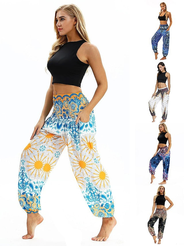 Women's Yoga Pants Side Pockets Harem Smocked Waist Lightweight Quick Dry High Waist Belly Dance Fitness Bloomers Bohemian Hippie Boho Ocean Blue Light Purple Jade Sports Activewear Stretchy Loose Fit - LuckyFash™