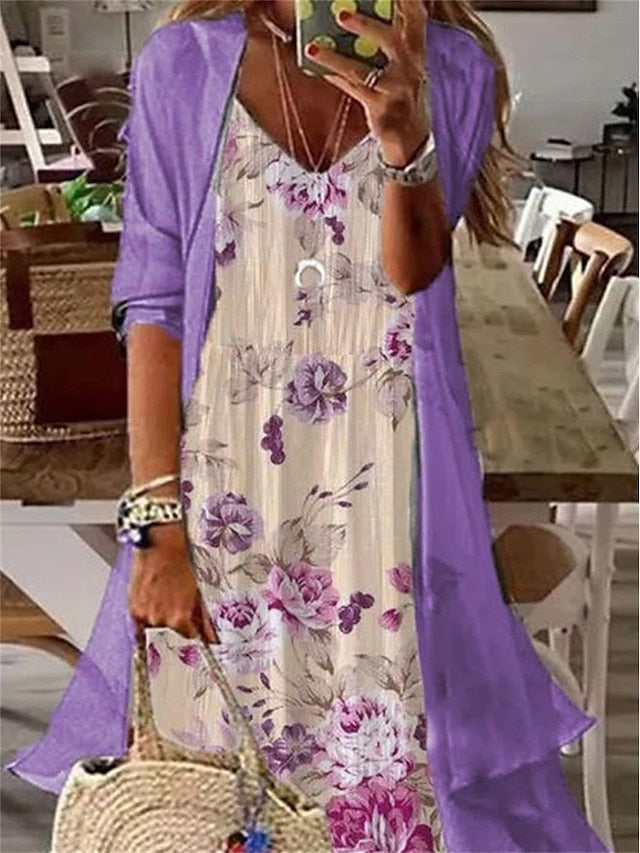 Women's Two Piece Dress Set Print Dress Daily Vacation Casual Print Maxi Dress V Neck 3/4 Length Sleeve Floral Loose Fit White Purple Green Summer Spring S M L XL XXL - LuckyFash™