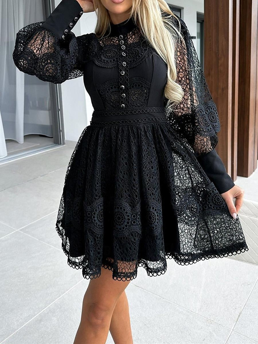 Women's White Dress Lace Dress Casual Dress Mini Dress Lace Patchwork Date Streetwear A Line Stand Collar Long Sleeve Black White Color