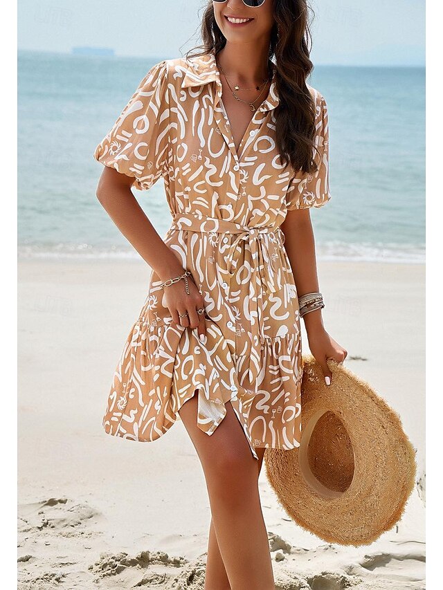 Women's Sundress A Line Dress Tie Front Print Shirt Collar Cap Sleeve Mini Dress Hawaiian Party Vacation Short Sleeve Summer Spring