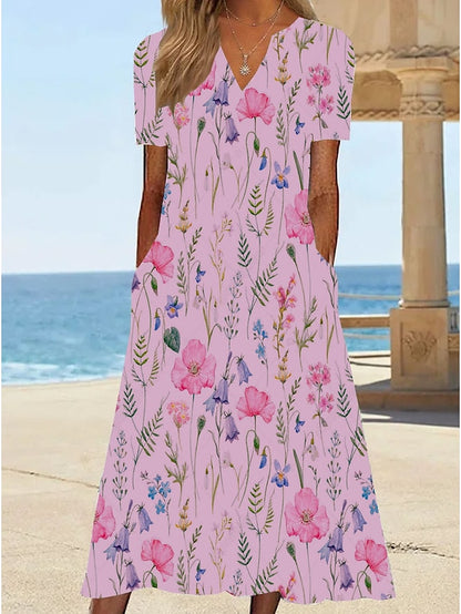 Women's Casual Dress T Shirt Dress Tee Dress Shift Dress Midi Dress White Yellow Pink Short Sleeve Floral Print Summer Spring V Neck Basic Vacation Summer Dress Spring Dress 2023 S M L XL XXL 3XL - LuckyFash™