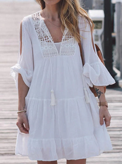 Women's White Dress Lace Dress Summer Dress Mini Dress Lace Patchwork Date Vacation Streetwear Basic V Neck 3/4 Length Sleeve White Color