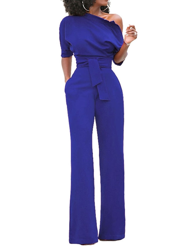 Jumpsuits for Women Summer Dressy Pocket High Waist Solid Color One Shoulder Elegant Party Street Regular Fit Half Sleeve Black Blue Yellow S M L Winter - LuckyFash™