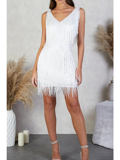 Women's Dress - Party Dress Fringe Dress Short Mini Dress White Gold Sleeveless Pure Color Tassel Fringe Spring Summer Spaghetti Strap Party Sexy Gatsby Party 2023 S M L XL XXL / Winter