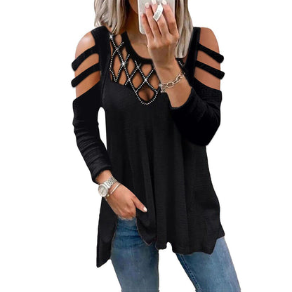 Women's Shirt Tunic Going Out Tops Blouse Cotton Plain Daily Weekend Cut Out Flowing tunic Rhinestone Cold Shoulder Black Long Sleeve Streetwear Casual Round Neck Spring Fall