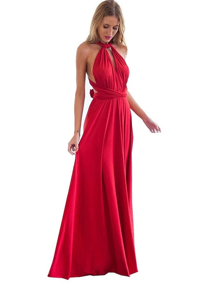 A-Line Bridesmaid Dress Halter / V Neck Sleeveless Convertible Floor Length Spandex with Sash / Ribbon / Pleats 2022 - LuckyFash™