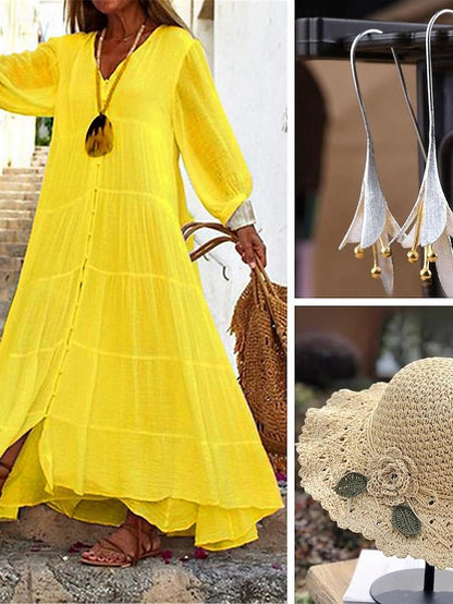 Women's White Dress with Flower Crochet Straw Hat Floral Earrings 4 PCS Shirt Dress Casual Dress Maxi long Dress Ruffle Button Basic Daily V Neck 3/4 Length Sleeve Summer Spring Vacation Beach Dress